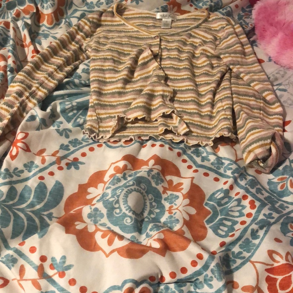 Cheap store pink green button cropped long sleeve top xl